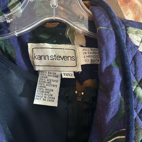 Vintage 90s Karin Stevens Blue Floral Quilted Jacket Dress Size 11/12 - Picture 13 of 16